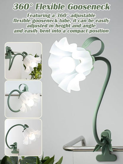 Clip on Light Flower Desk Lamp, LED Reading Light 3 Color Modes Eye-Caring Book Light Flexible Gooseneck Bedside Clip on Lamp for Desk Piano Office Bed Headboard Dorm (Green Lamp)