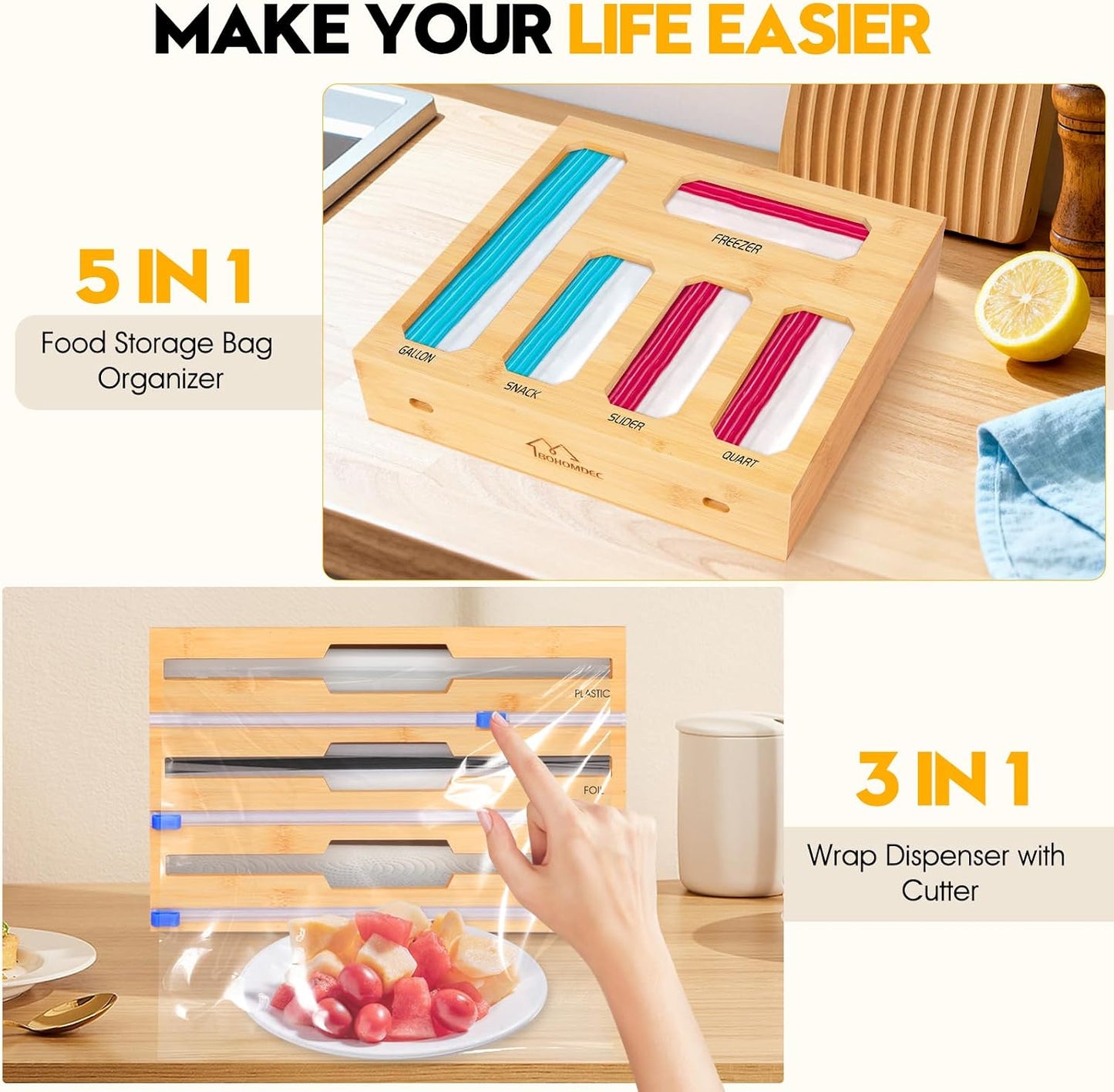 9 in 1 Foil and Plastic Wrap Dispenser with Cutter, Black Bamboo Ziplock Bag Organizer for Drawer - Holds Gallon, Quart Bags & Aluminum Foil/Wax Paper, Wall Mountable Kitchen Storage