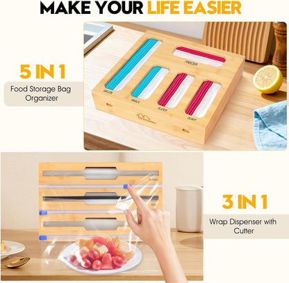 9 in 1 Foil and Plastic Wrap Dispenser with Cutter, Black Bamboo Ziplock Bag Organizer for Drawer - Holds Gallon, Quart Bags & Aluminum Foil/Wax Paper, Wall Mountable Kitchen Storage