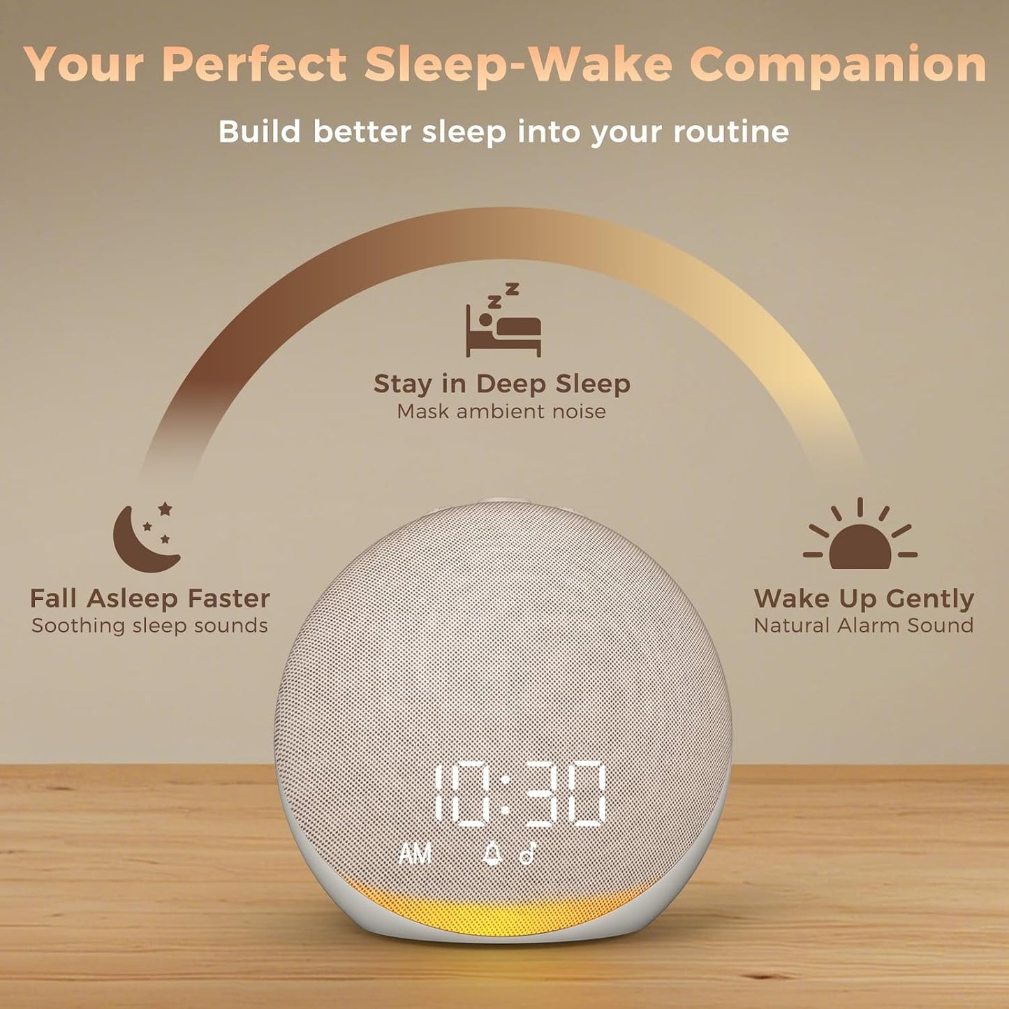Sound Machine Alarm Clock for Bedroom: 25 Natural Sleep Sounds | White Noise Machine for Adults Kids Baby - Gentle Wake Up Alarm with Bluetooth Speaker - Putty