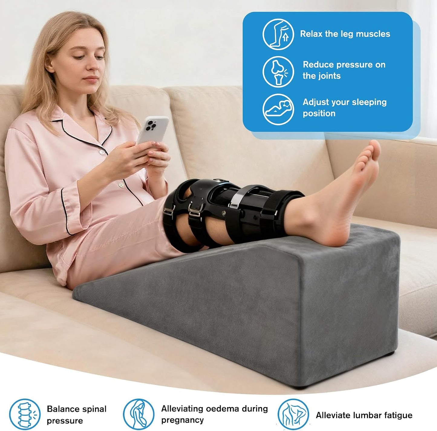 Leg Elevation Pillow, Trapezoidal Foot Elevation Pillow for Elevation for Swelling, Blood Circulation Support with Handle and Removable Cover (Grey)