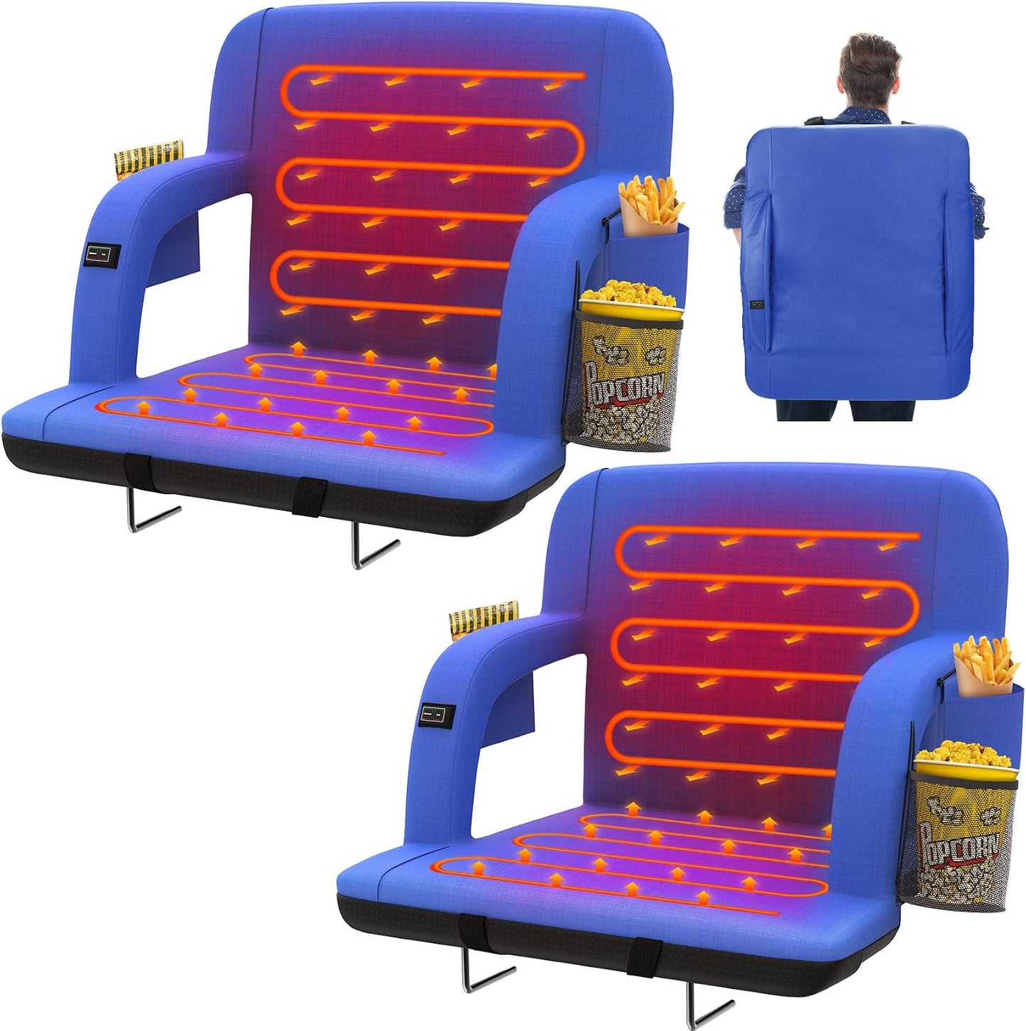 HOPERAN 25in Heated Stadium Seats for Bleachers, Dual Control, 2 PCS, Black | Independent Seat & Back 3 Level Heat (NO Battery), Soft Cushion, 6 Recliner, Anti-Slip, Side Pockets, Backpack Straps