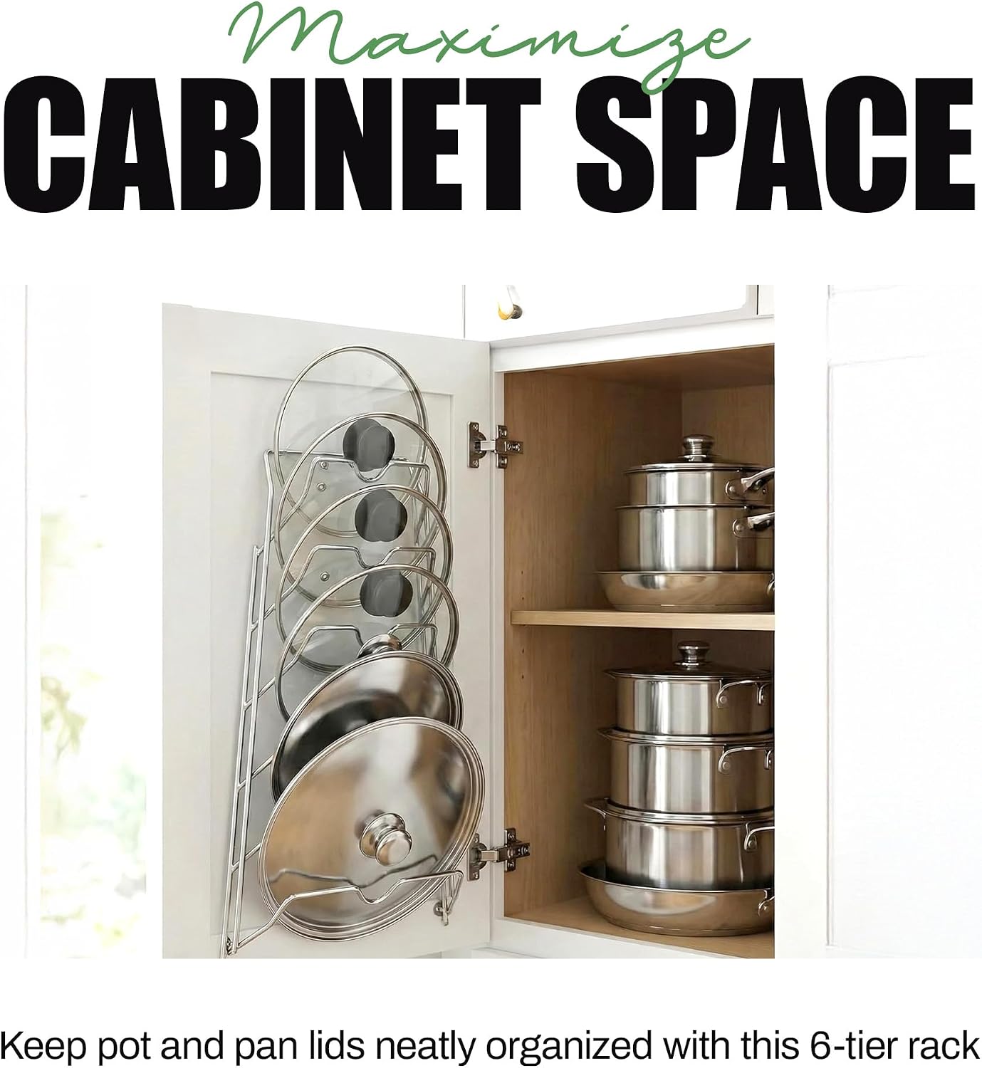 Evelots 6 Pot Lid Organizer for Cabinet Door or Pantry Wall - Closet Door Pots and Pans Lids Holder - Glass or Metal Pan Covers Cabinet Organizer Kitchen Storage - White 6 Tier Lid Rack