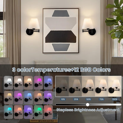 Cordless Battery Operated Wall Sconces Set of 2, Black Swing Arm Wall Sconce, Rechargeable Wall Mounted Reading Light Bedside Wall Lamp, Wireless Wall Sconce Fixtures for Bedside, Hallway, Study