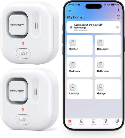 TECKNET WiFi Water Leak Detectors, Leak & Drip Alert with APP Push and Sound Alarm, Smart Water Sensor with 120dB Adjustable Alarm, for Home Kitchen Bathroom Basement (2 Pack, Battery Included)