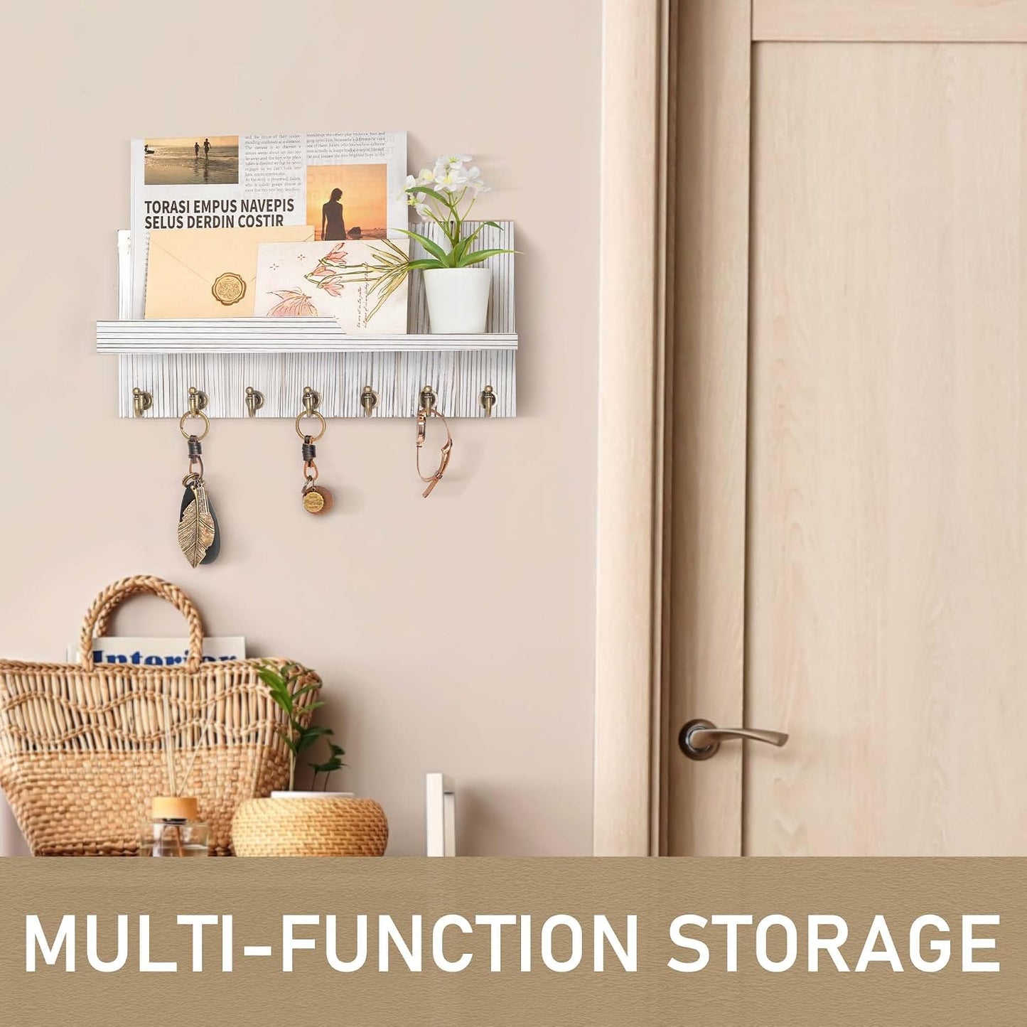 Rebee Vision Key Holder Wall Mount with 5 Key Hooks for Home Decor, Brown | 3.54'' x 10'' x 7.28'', Small Shelf for Display Plant, Key Hangers for Hat, Entryway Space-Saving Storage