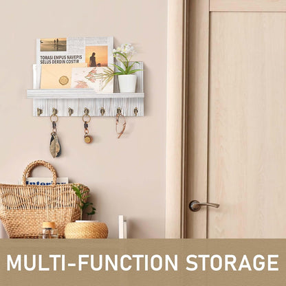 Rebee Vision Key Holder Wall Mount with 5 Key Hooks for Home Decor, Brown | 3.54'' x 10'' x 7.28'', Small Shelf for Display Plant, Key Hangers for Hat, Entryway Space-Saving Storage