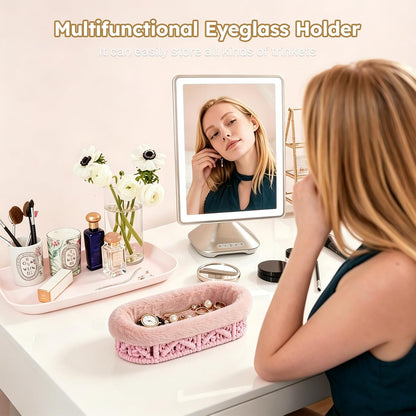 Glasses Holder, Anti-scratch Plush Lined Eyeglass Holder Stand | Oval Eye-glasses Storage Organizer Case for Nightstand, Office Desk, Bedside Table, Beige