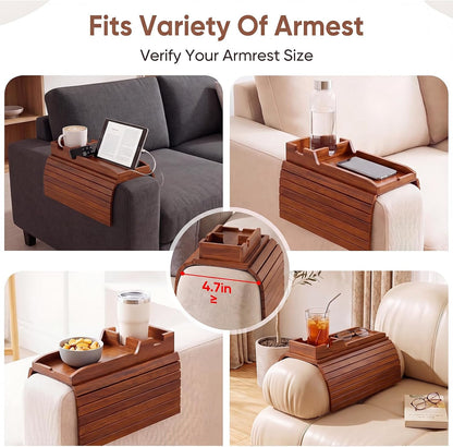 Bamboo Couch Arm Tray Table with Built-in Cup Holder, Foldable Anti-Slip Sofa Armrest Table for Drinks, Phone & Remote, Fits 4.7–16.9 in Armrests, Holds Cups up to 3.5 in Diameter (Bamboo)