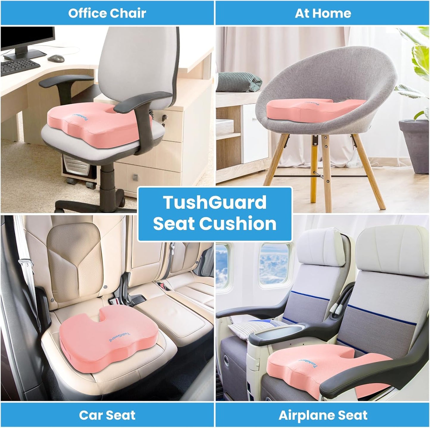 TushGuard Seat Cushion for Office Chair, Memory Foam Chair Cushion, Black | Office Chair Cushion for Car, Airplane - Chair Pad, Butt Pillow for Long Sitting Sciatica, Hip, Coccyx,Tailbone Pain Relief