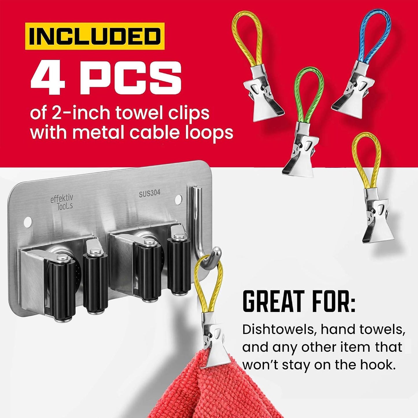 Wall Mount Hanger for Brooms & Mops - Adhesive Stainless Steel Mops & Broom Holder, 4 Clamps, 3 Hooks, & 5 Towel Hanger Clips Including Mounting Hardware for Utility Room Organization
