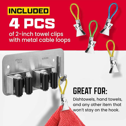 Wall Mount Hanger for Brooms & Mops - Adhesive Stainless Steel Mops & Broom Holder, 4 Clamps, 3 Hooks, & 5 Towel Hanger Clips Including Mounting Hardware for Utility Room Organization
