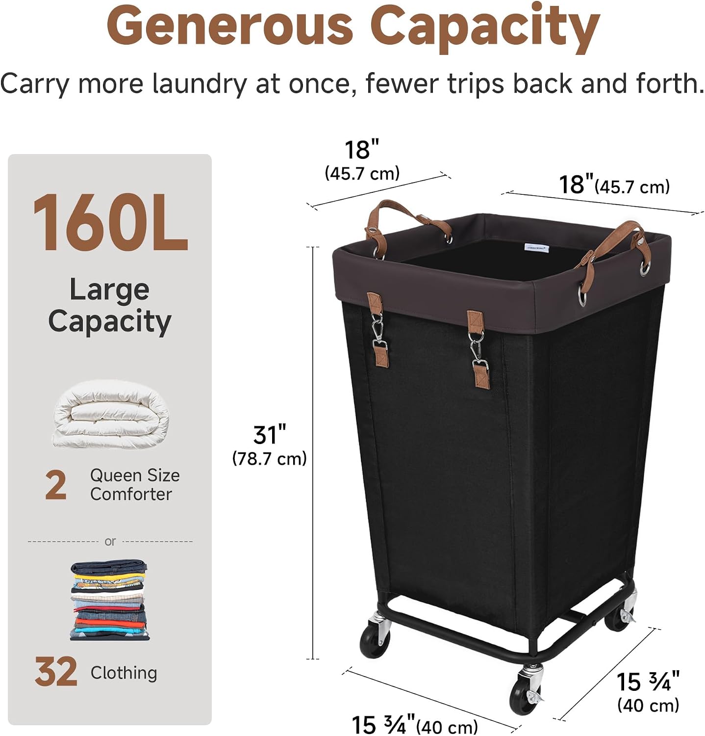 StorageWorks 160L Laundry Basket with Wheels, Rolling Hampers for Clothing | Beige Laundry Basket with Wheels, Metal Frame & Handles, Rolling Hamper for Bedroom, Bathroom, Dorm, Hotel