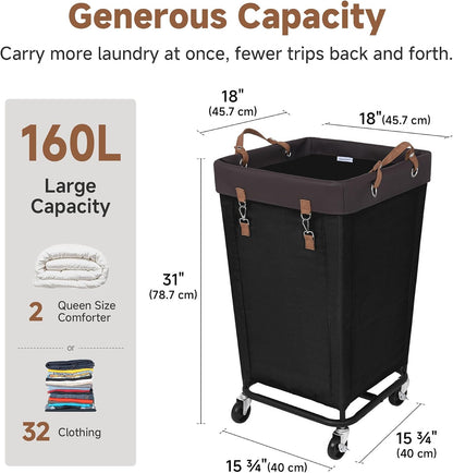 StorageWorks 160L Laundry Basket with Wheels, Rolling Hampers for Clothing | Beige Laundry Basket with Wheels, Metal Frame & Handles, Rolling Hamper for Bedroom, Bathroom, Dorm, Hotel