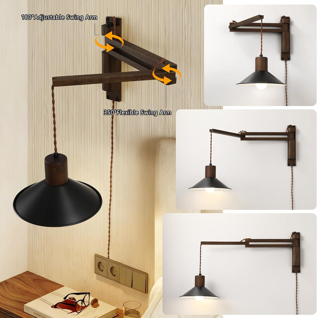 maesta Plug in Wall Lamp, Wood Swing Arm Wall Sconce for Bedroom