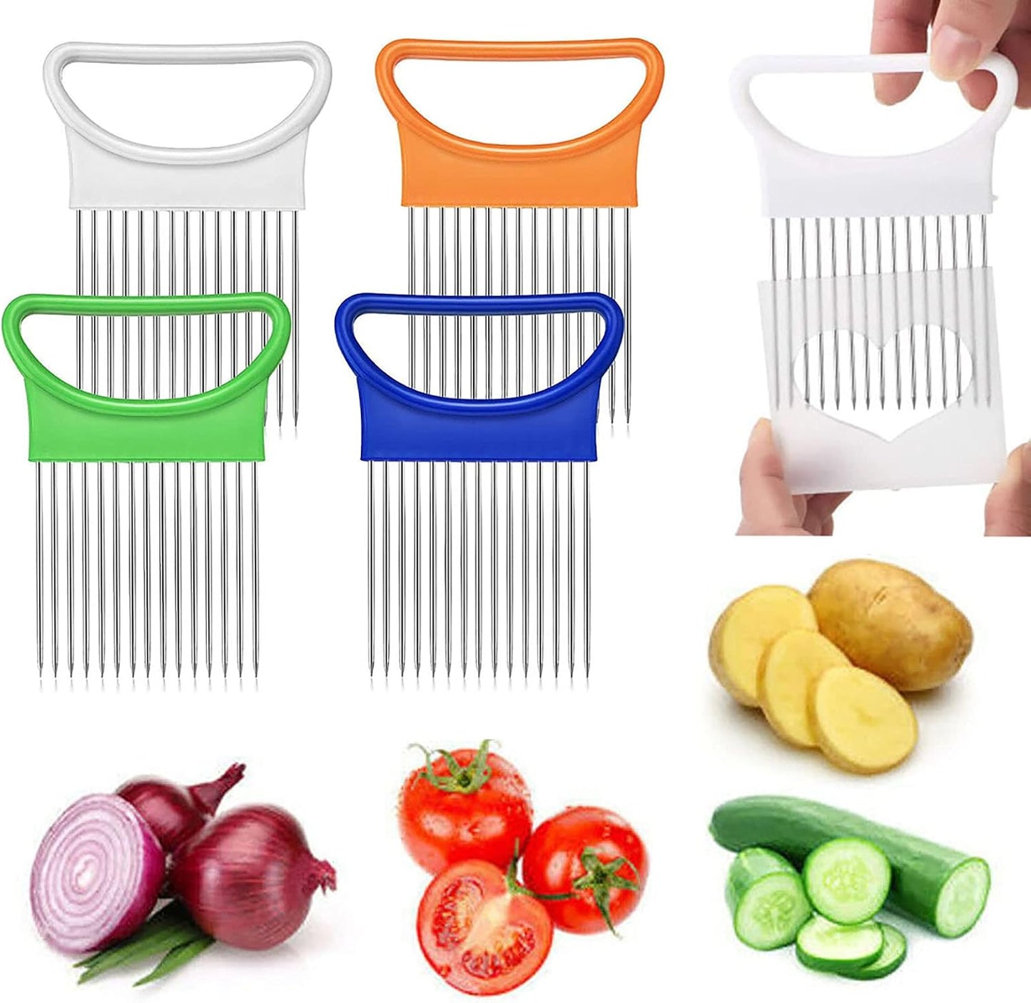 2Pcs Onion Holder Slicer, Stainless Steel | Onion Holder for Slicing, 10 Long Needles, Vegetable Chopper, Food Slicing, Multi-Purpose Cutter for Tomato Potato Lemon