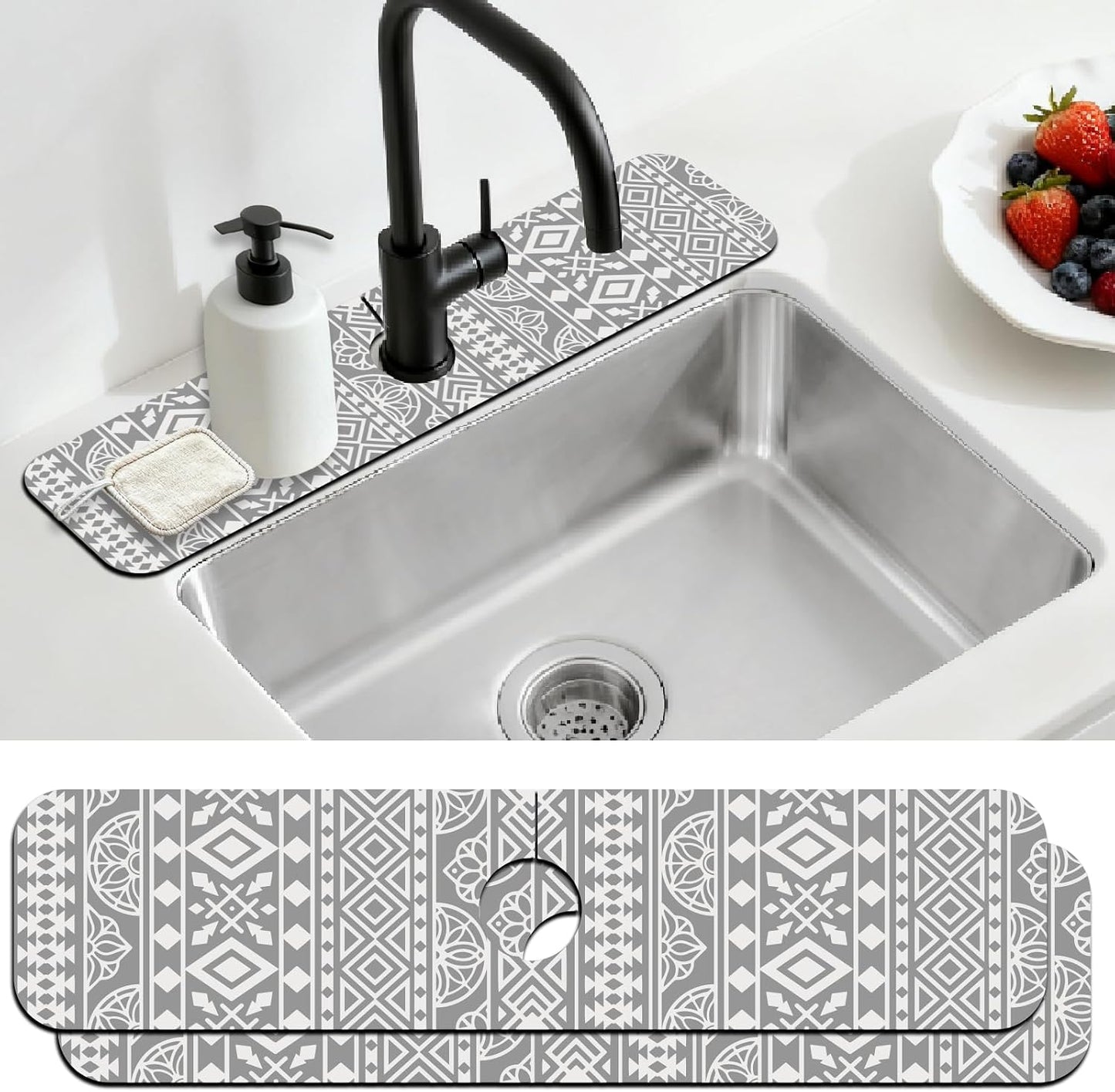 2Pcs Peonies Kitchen Sink Splash Guard Faucet Mat Vintage Florals Faucet Mat For Bathroom Kitchen 5.5x23.6In