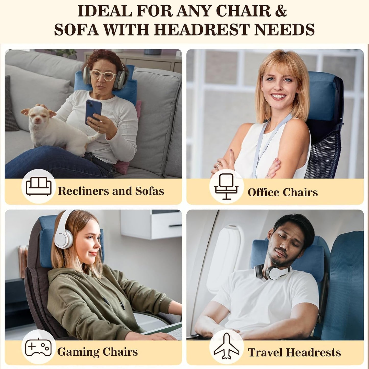 Recliner Headrest Pillow, Adjustable Comfort Neck & Head Support Pillow | Soft Velvet, Weighted Non-Slip Flap, Adjustable Filling, Washable Cover, for Recliners, Sofas, Office Chairs