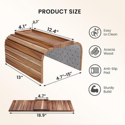 2 Pack Acacia Wood Folding Sofa Arm Tray with Anti-Slip Pad | Couch Armrest Tray,Foldable,for Drinks,Snacks,Phone,Remote Control,Space Saving Storage, No Assembly,Gift box