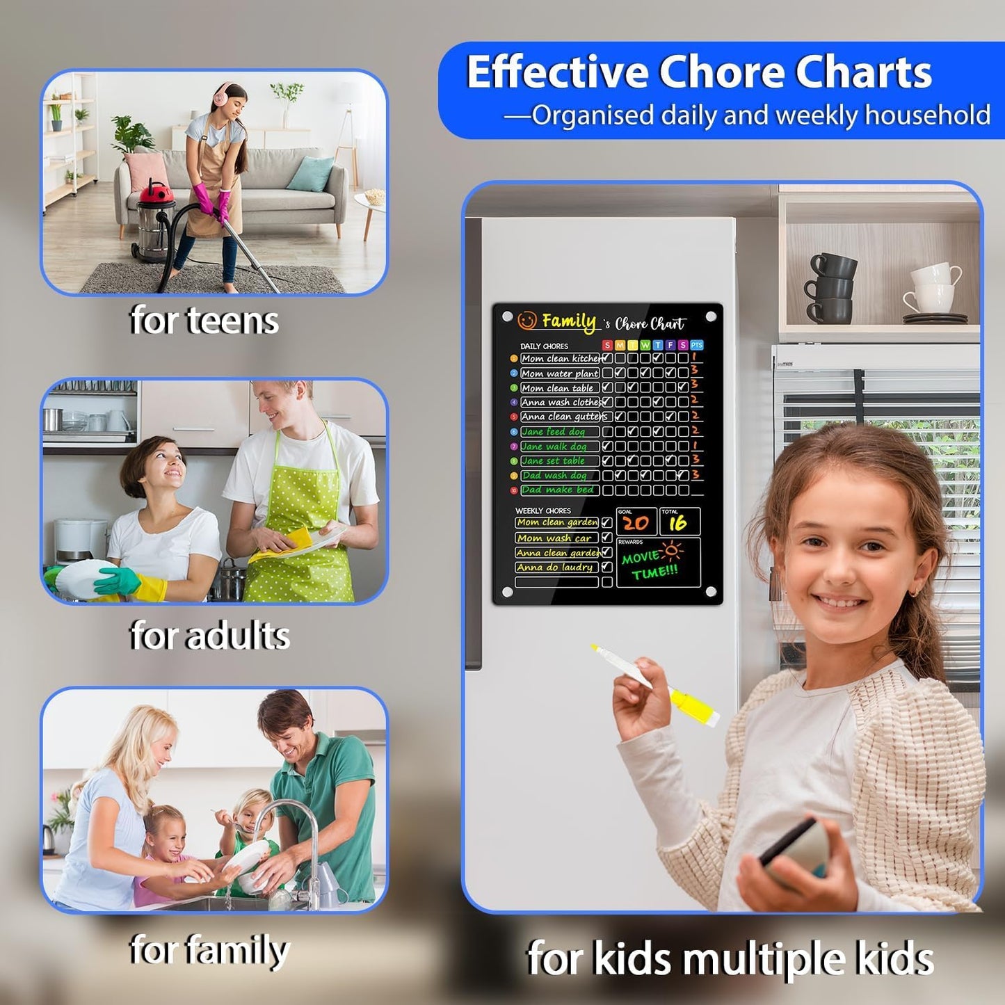 PigPotParty 2-in-1 Acrylic Magnetic Chore Chart for 2 Kids, Large 16x12 in | Clear Dry Erase Fridge Chore Board for Teens, Roommates; Vibrant Layout; Embedded Magnets; 12 Wet-Erase Markers and Towel