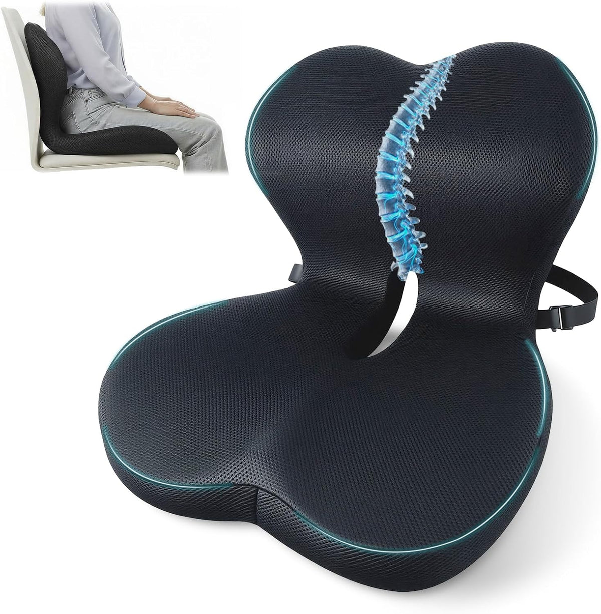 Memory Foam Seat Cushion,Office Chair Cushion with Lumbar Support for Back Pressure Relief, Car Seat Cushion with Adjustable Strap,Sciatica Pad Cushions for Car,Truck, Desk,Gaming Chair