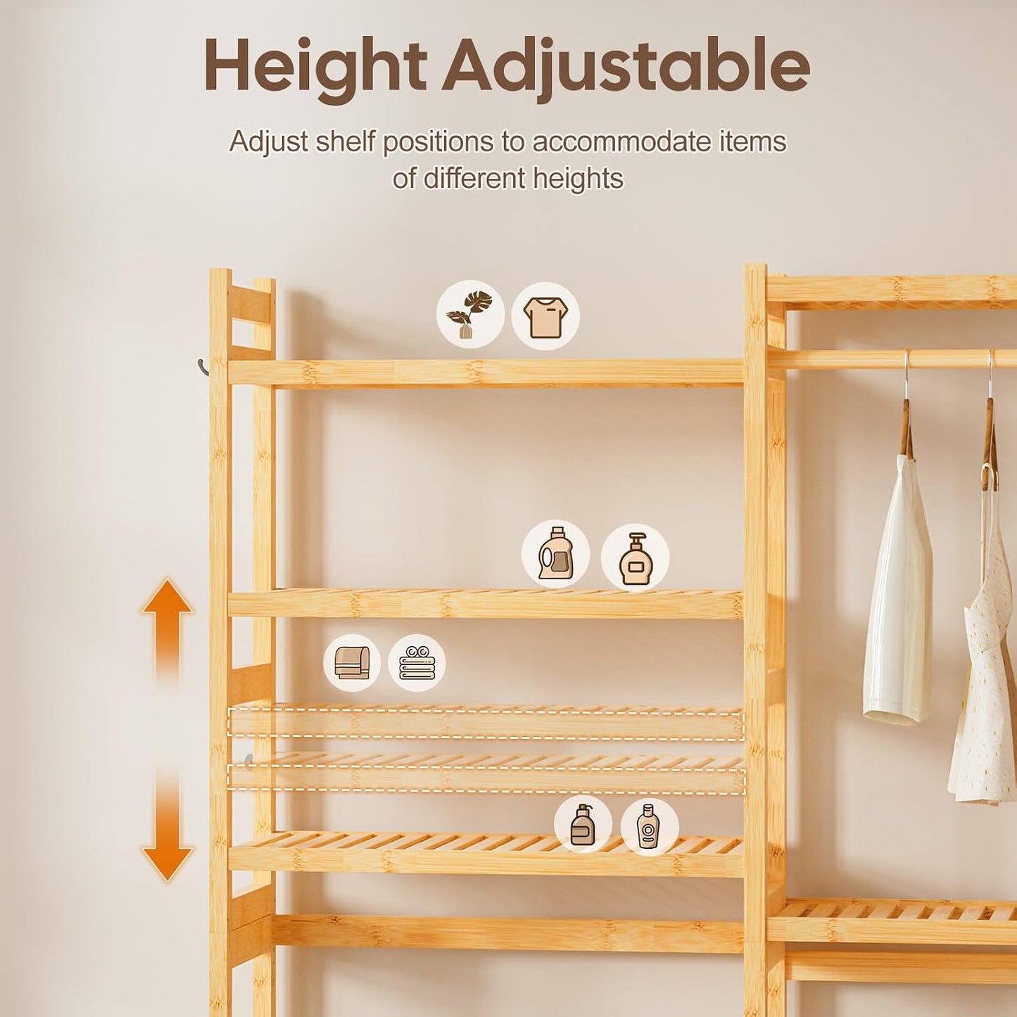 Cozivolife Over The Washer Dryer Storage Shelf: Bamboo 5 Tiers (Natural) | Laundry Room Drying Rack with Adjustable Shelves and 4 Hooks - Space Saver Organizer for Hanging Clothes and Towels