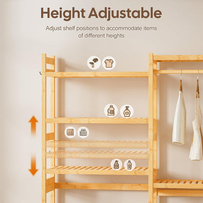 Cozivolife Over The Washer Dryer Storage Shelf: Bamboo 5 Tiers (Natural) | Laundry Room Drying Rack with Adjustable Shelves and 4 Hooks - Space Saver Organizer for Hanging Clothes and Towels