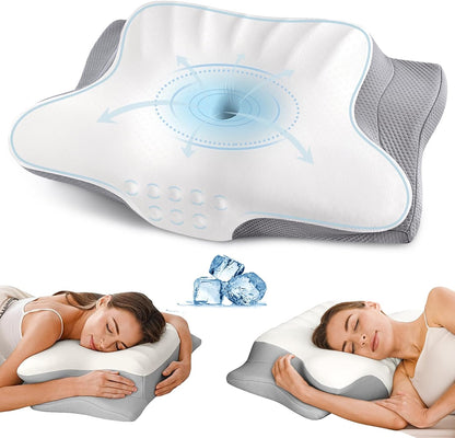 Ylekto Cervical Neck Pillow for Pain Relief - Contour Memory Foam Pillows | Ergonomic Pillow for Sleeping, Side Sleeper Pillow for Neck Support, Bed Pillow for Side Back Stomach Sleepers (Blue & Grey)