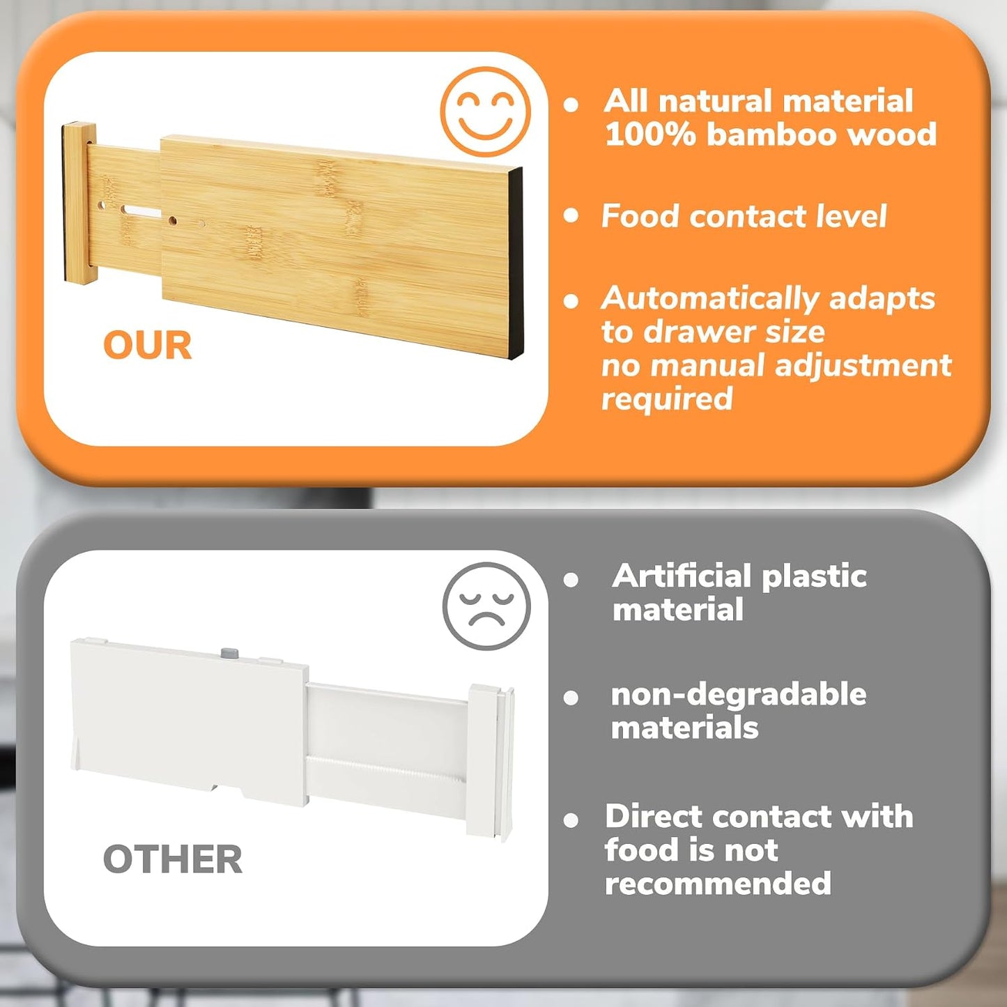 BAMEOS Bamboo Expandable Drawer Dividers – Fits 16.6"–22" Drawers, 2" High, Set of 4 | Spring-Loaded Bamboo Separator for Kitchen Island, Bathroom Vanity & Dresser Drawers