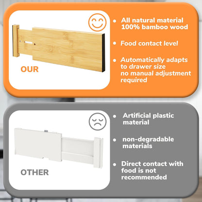 BAMEOS Bamboo Expandable Drawer Dividers – Fits 16.6"–22" Drawers, 2" High, Set of 4 | Spring-Loaded Bamboo Separator for Kitchen Island, Bathroom Vanity & Dresser Drawers
