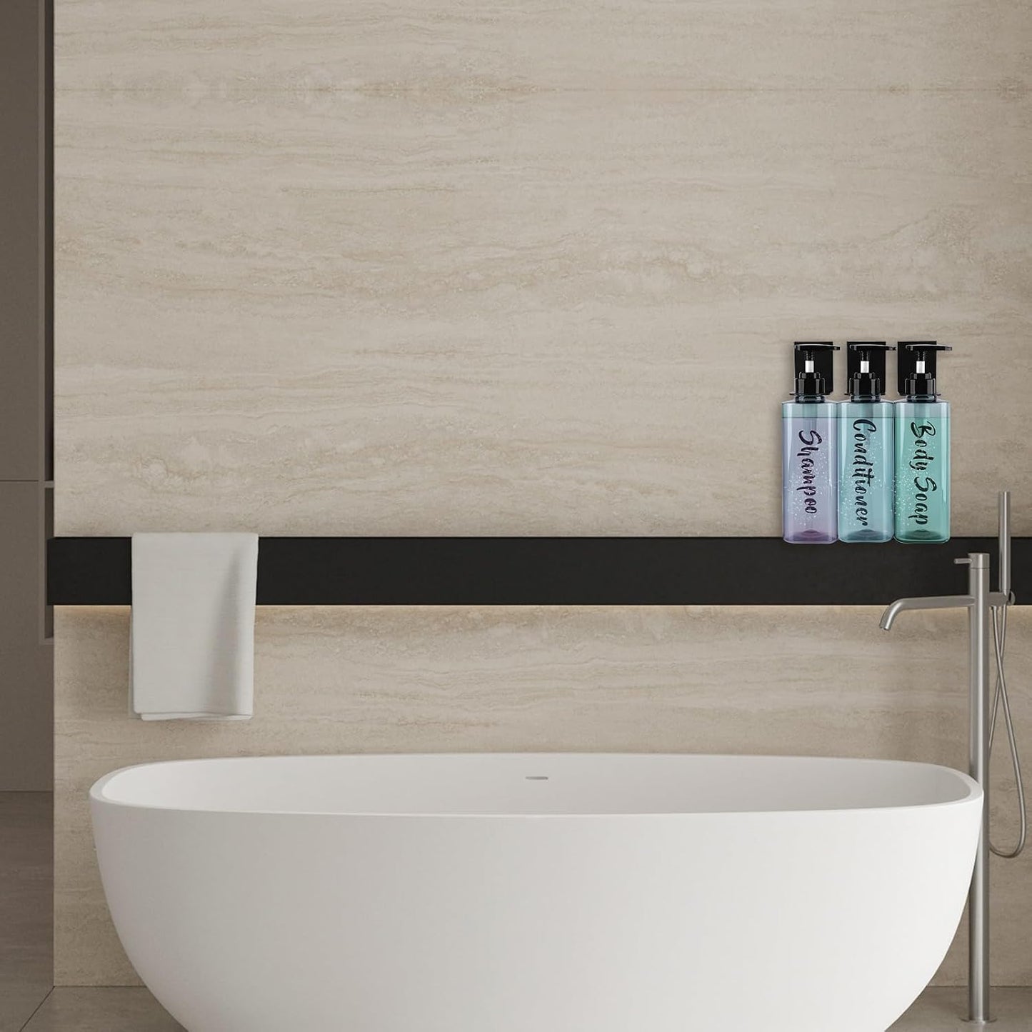 AUMIO 16.9oz Shampoo Dispenser for Shower Wall 3 Chamber, Drill Free Shampoo and Conditioner Dispenser with 6 Waterproof Labels, Wall Mounted Shower Soap Dispenser Shampoo Bottles for Home Bathroom