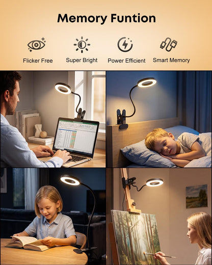 Clip on Desk Lamp, 5W LED Reading Light, 400 Lumens Book Light, 3 Color Modes 6 Brightness Levels, USB Powered Adjustable Neck Lamp for Desk, Bedside, Study, Office