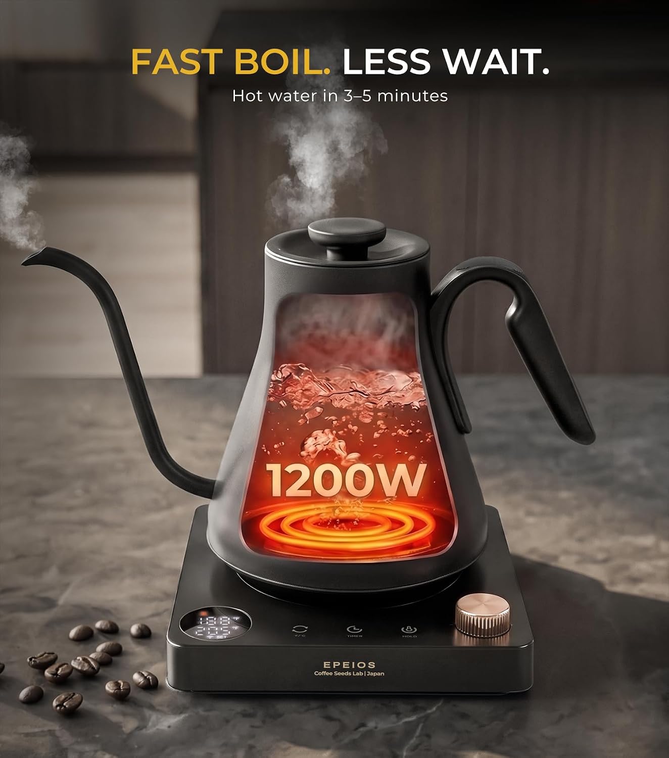 Epeios Gooseneck Electric Kettle 1°F Temperature Control,1200W,0.9L,Black | Rapid Heating, for Pour Over Coffee & Tea,Hot water Boiler,Brew Timer, 304 Stainless Steel Interior, Auto Shut-Off