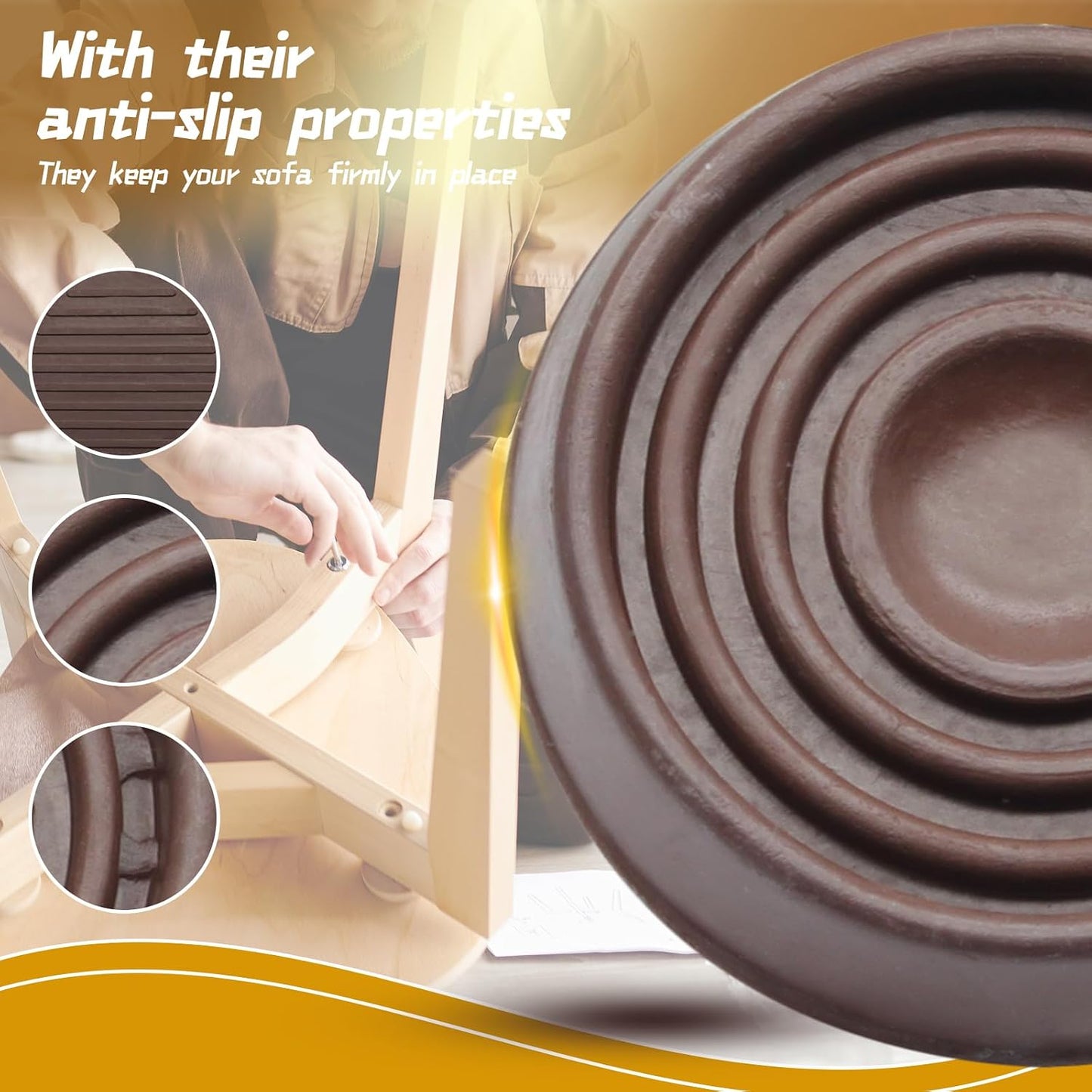 Hordion 4PCS 1-3/4" Furniture Caster Cups, Round Rubber Furniture Pad Brown | Non-Slip Floor Protector for Couch Table Chair Cabinet