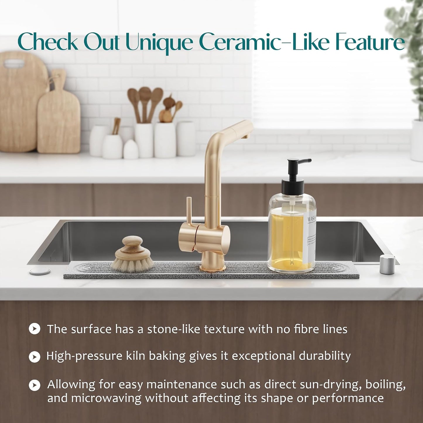 Stone Faucet Mat for Kitchen Sink – Diatomite Drying Stone Mat & Sink Protector, Prevents Moisture – Sink Splash Guard Water-Absorbing Stone Tray for Bathroom Counter (Light Grey, 20" x 3.9")