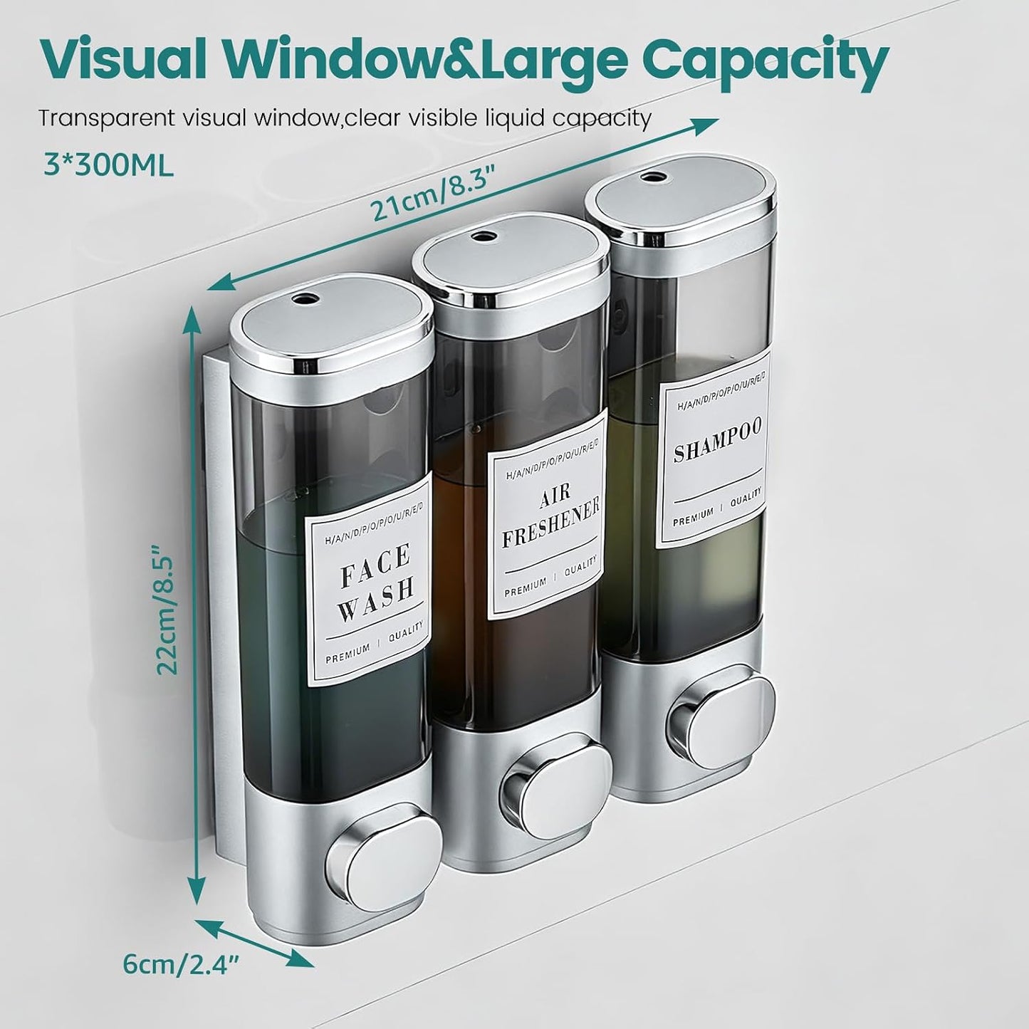 Wall Mounted Shower Soap Dispenser 3 Chamber,No Drill Shower Dispenser | Shampoo and Conditioner Dispenser for Bathroom Hotel Large Capacity, each 300ml with two waterproof labels,Gold