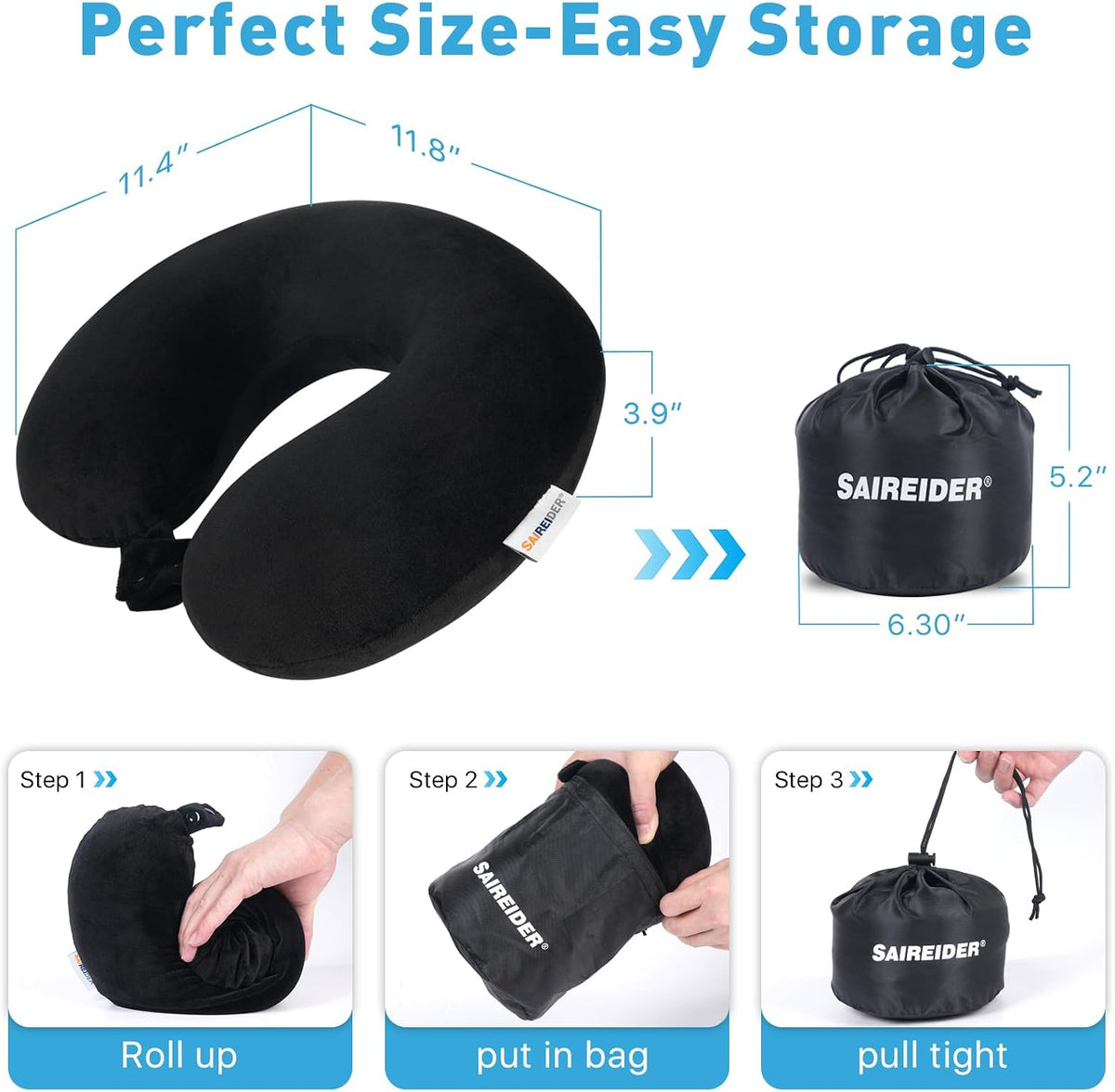 SAIREIDER Travel Pillow 100% Pure Memory Foam Travel Neck Pillow, Airplane Pillow for Traveling、Car、Home、Office，Washable Cover（Black）