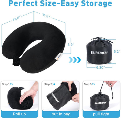 SAIREIDER Travel Pillow 100% Pure Memory Foam Travel Neck Pillow, Airplane Pillow for Traveling、Car、Home、Office，Washable Cover（Black）