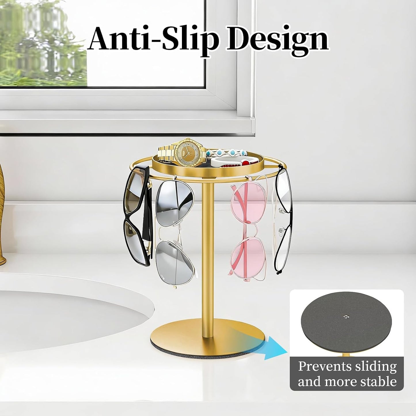 LSK Metal Sunglasses Organizer, Glasses Holder Stand with Storage Tray | Eyeglasses Holder with Anti-Slip Pads for Tabletop, Desk, Dresser, Matte Black
