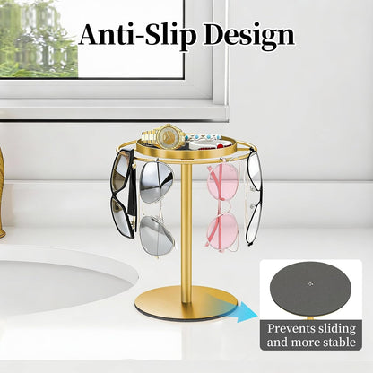 LSK Metal Sunglasses Organizer, Glasses Holder Stand with Storage Tray | Eyeglasses Holder with Anti-Slip Pads for Tabletop, Desk, Dresser, Matte Black
