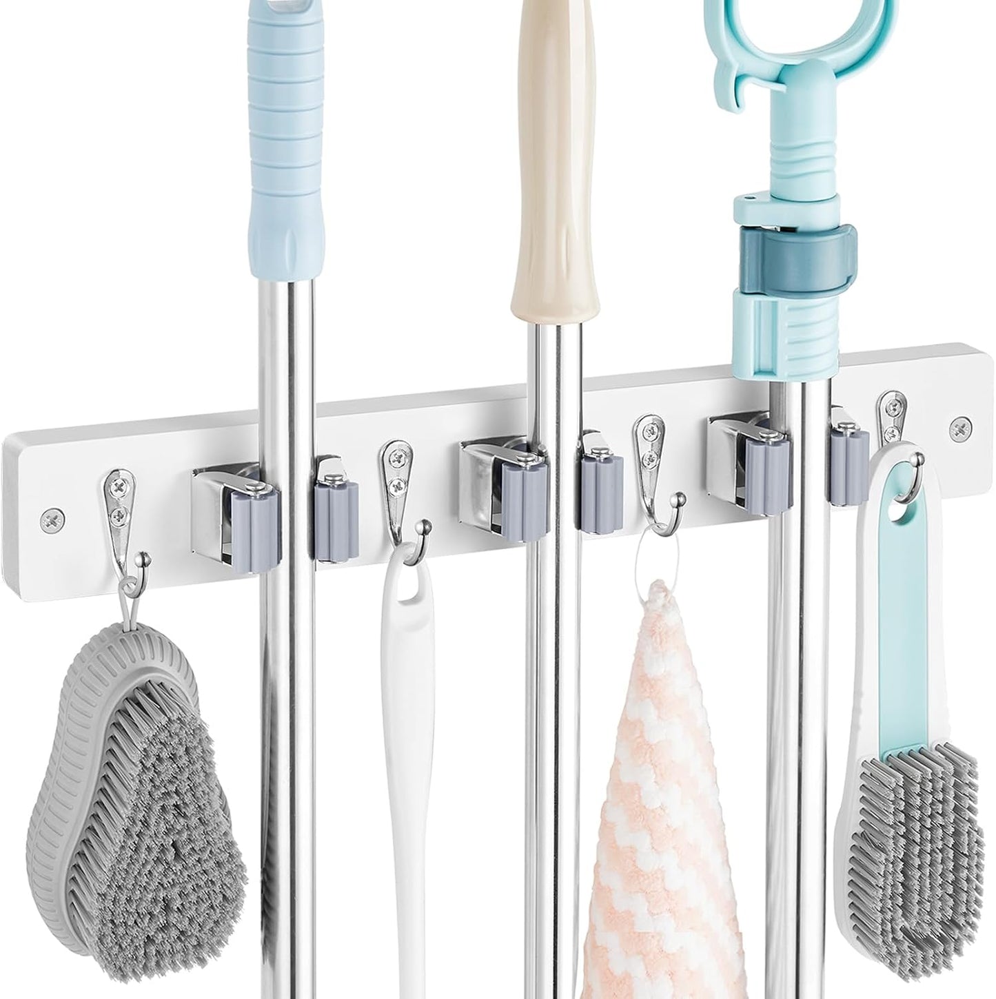 OUTNILI Mop and Broom Holder Wall Mount - Wood Broom Mop Hanger - Wall Mounted Garden Tool Rack Organizer for Closet Garage Laundry Room, Rustic Kitchen Decor With 4 Slots & 4 Hooks