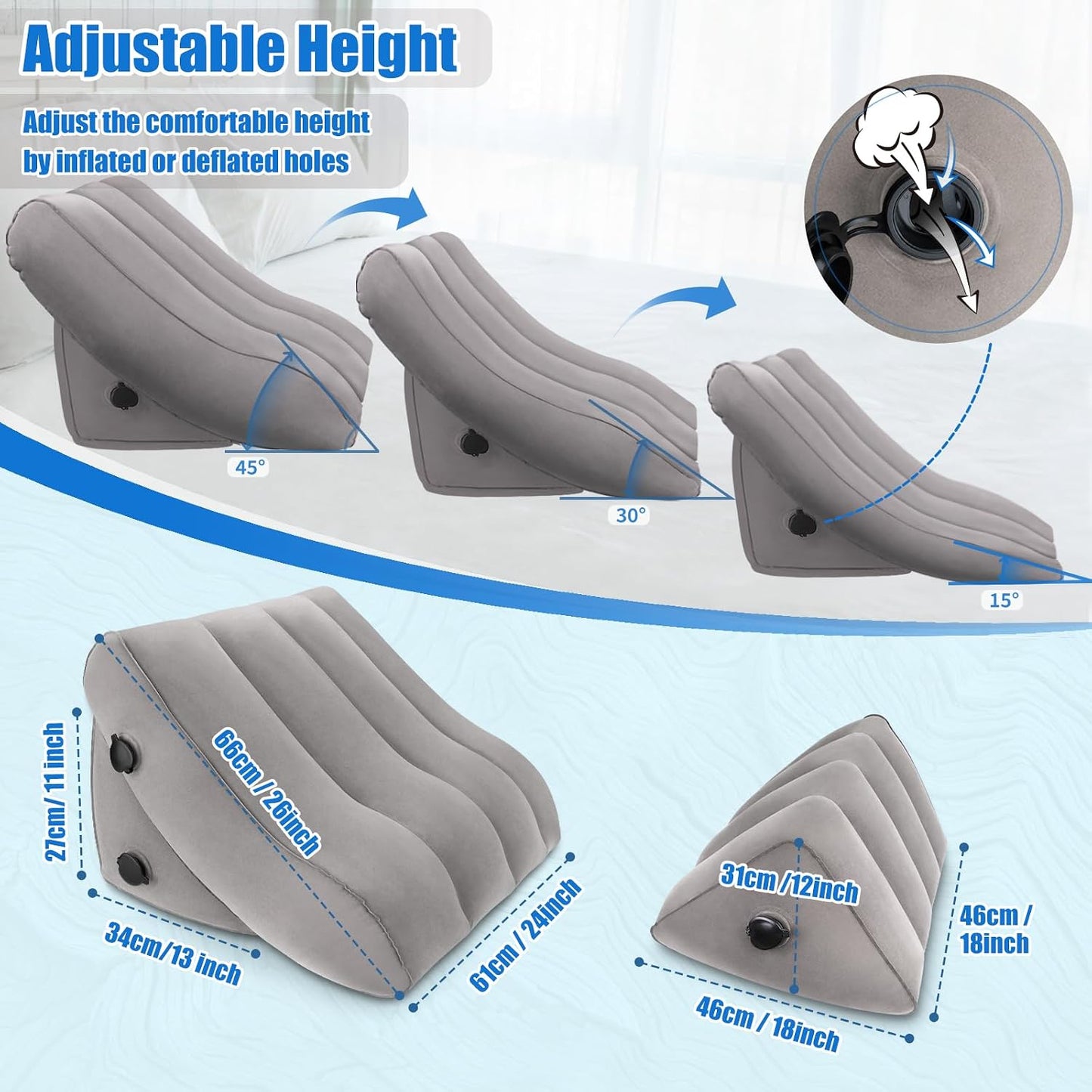 SAHEYER Inflatable Bed Wedge Pillow Set, 2 PCS Post Surgery Support Pillow for Back, Knees, Leg Pain Relief, Adjustable Sitting Pillows for Anti Snoring, Heartburn, GERD Sleeping (Grey)
