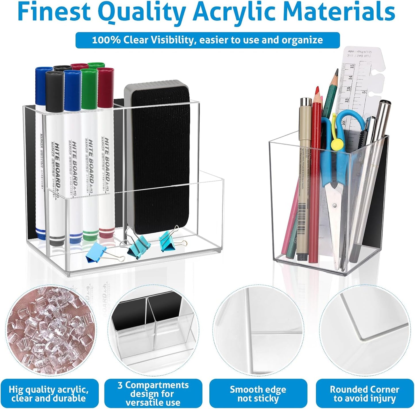 Comkrivy 2 Pack Acrylic Dry Erase Marker Holder with Full Magnet Back and 4 Compartments, Magnetic Pencil Cup Locker Organizer for Refrigerator Whiteboard Office School