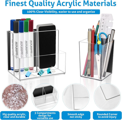 Comkrivy 2 Pack Acrylic Dry Erase Marker Holder with Full Magnet Back and 4 Compartments, Magnetic Pencil Cup Locker Organizer for Refrigerator Whiteboard Office School