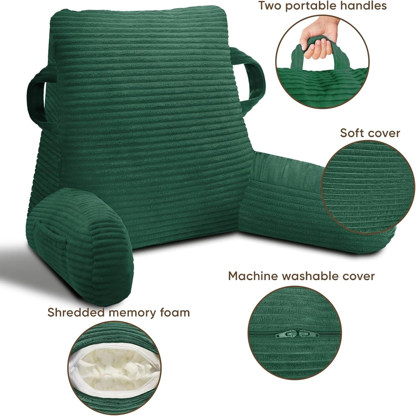 Reading Pillow for Sitting in Bed Adult, Memory Foam, Pockets | Shredded Memory Foam Backrest, Back Pillow with Arms and Pockets, Provide Comfort for Reading and Gaming in Bed, Black