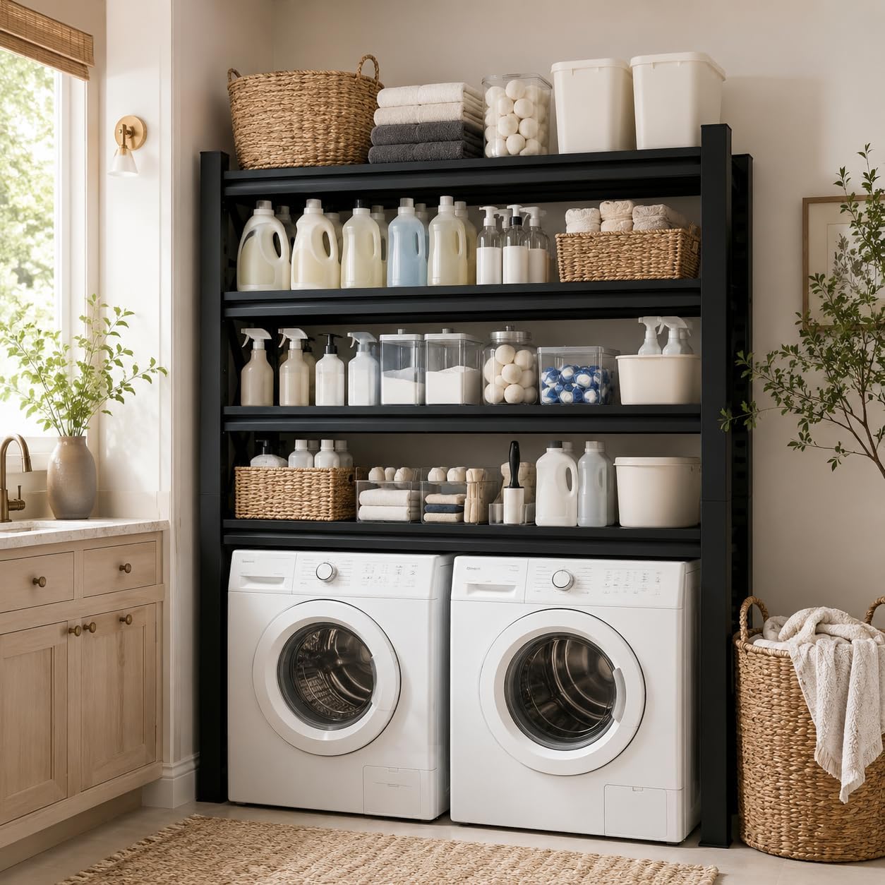 Heavy Duty Over Washer and Dryer Storage Shelf, 5 Tier Adjustable Metal Laundry Room Organizer, Freestanding Utility Shelving Rack, Rust Resistant Steel Storage Shelf, Black, 35.4"Wx 15.7"Dx 71.2"H