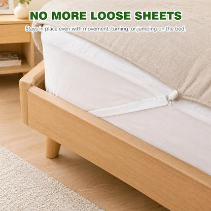 4-Pack White Adjustable Elastic Bed Sheet Straps, Non-Slip Fitted Sheet Holders for Crib to King Size Mattresses