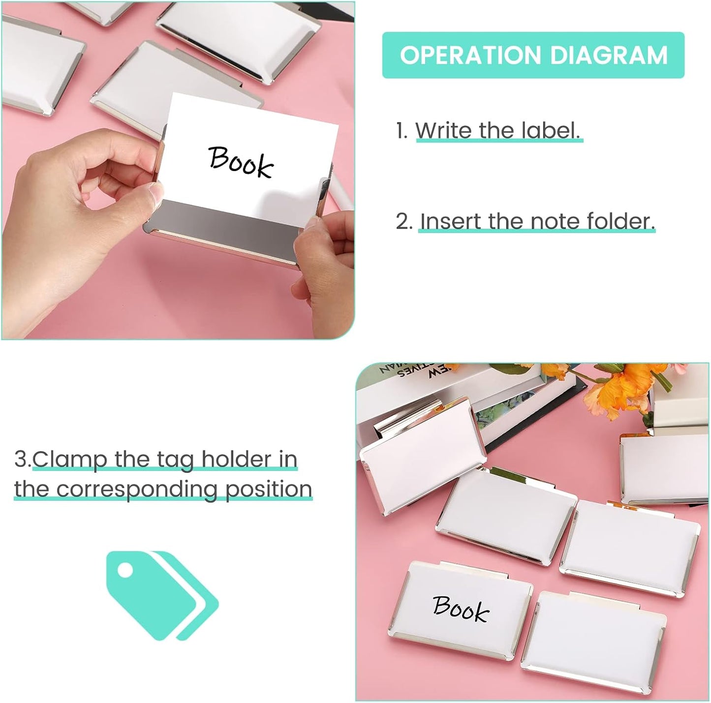Basket Bin Labels Clips Label Holders Stainless Label Holders Removable Metal Bin Clips with Replacement Papers for Labeling, Classification, Induction (12 Pack)