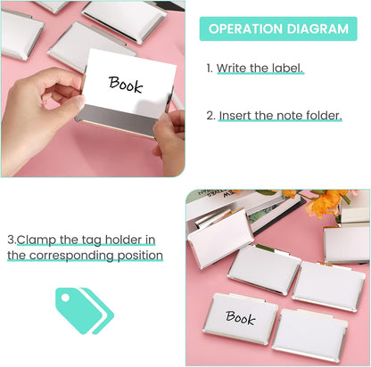 Basket Bin Labels Clips Label Holders Stainless Label Holders Removable Metal Bin Clips with Replacement Papers for Labeling, Classification, Induction (12 Pack)