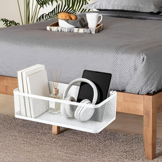 Bedside Caddy Shelf for Bunk Bed - Large Capacity Bed Caddy Organizer with Hooks for Office Cubicle Walls, Dorm Room Essentials, White, 14x5x4 Inch